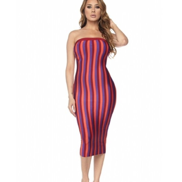 Hera Collection Dresses & Skirts - Multi Stripe Strapless Bandage Midi Dress